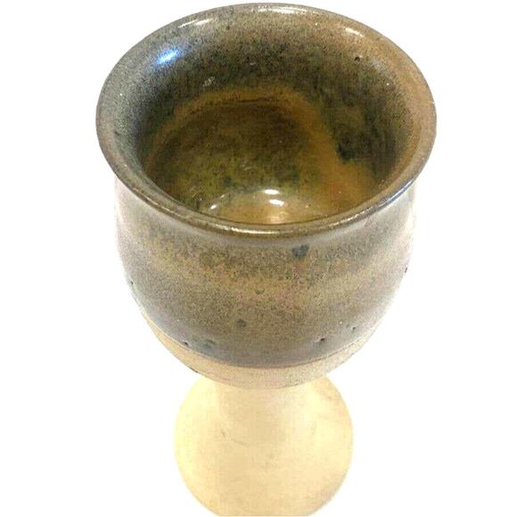 Vintage Wine Goblet Candle Holder Studio Art Pottery Stoneware Brown Glaze Cream - Picture 2 of 4